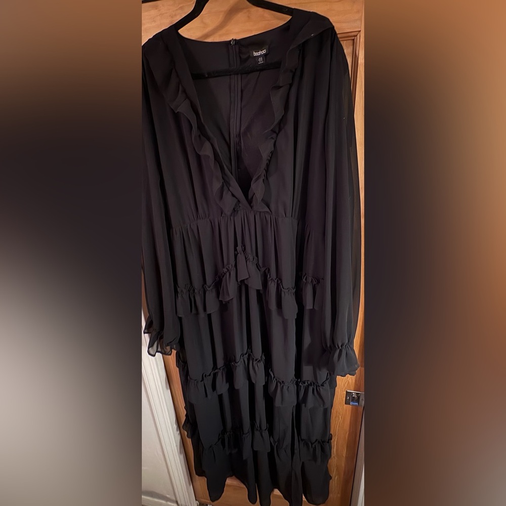 Boohoo Beautiful Black Feminine Long Sleeve Ruffle Tiered Maxi Dress